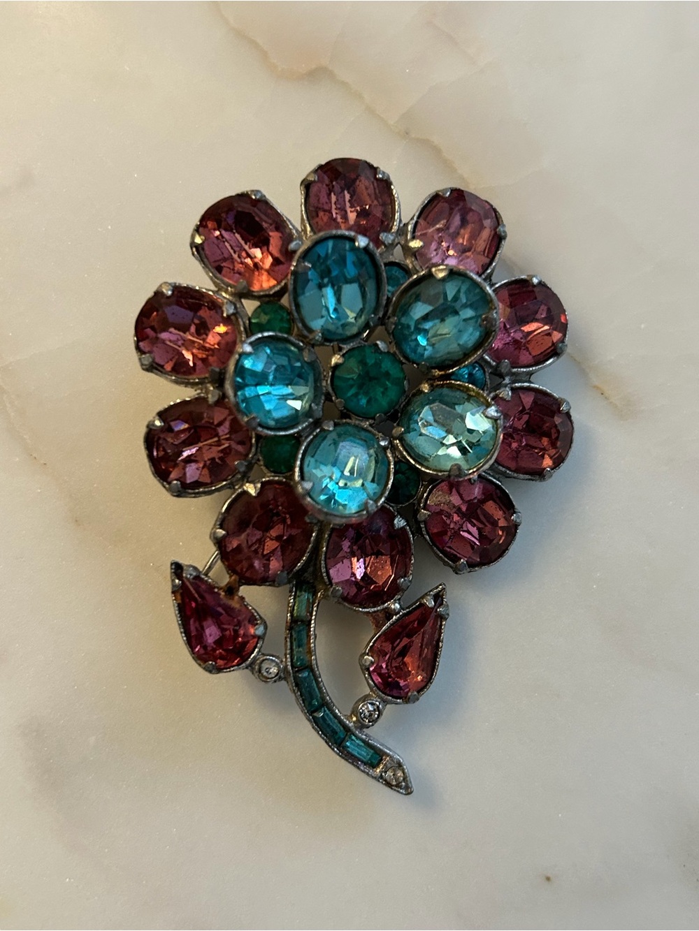 Stunning Art Deco Pink & Blue Flower Brooch